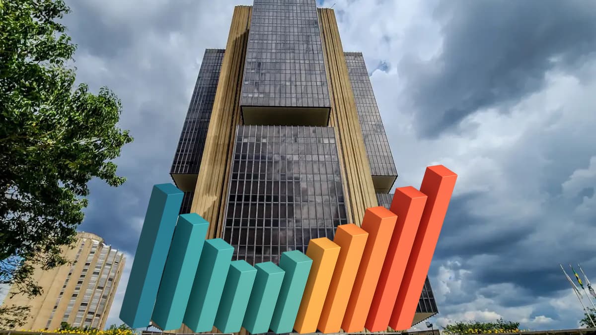 Gráfico de alta em frente ao Banco Central ilustra o comunicado do Copom sobre a Selic