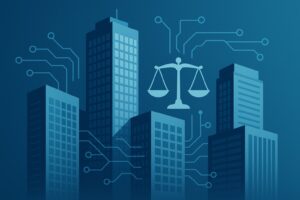 Ilustração de prédios conectados simbolizando conglomerado societário e Lei Anticorrupção