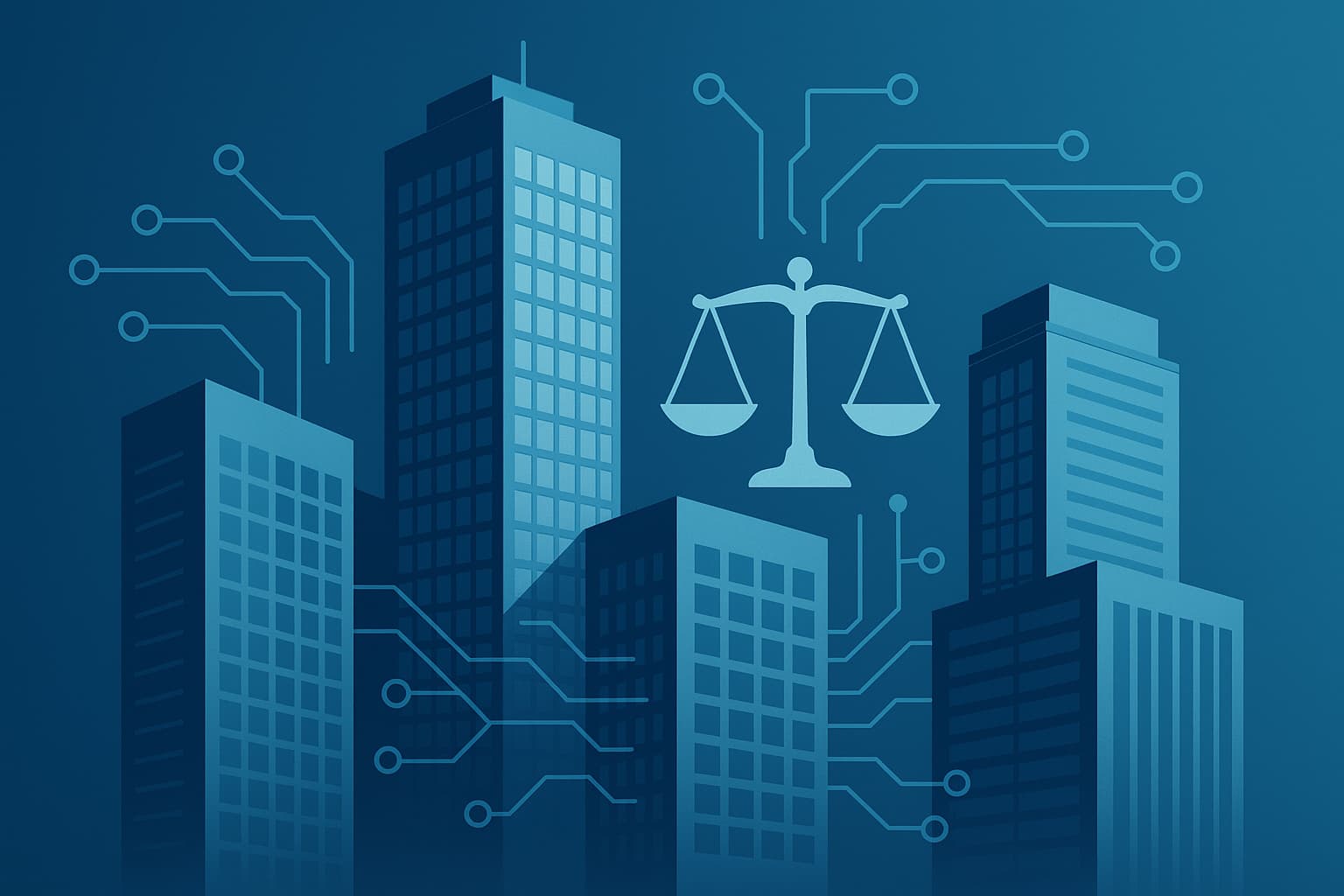 Ilustração de prédios conectados simbolizando conglomerado societário e Lei Anticorrupção
