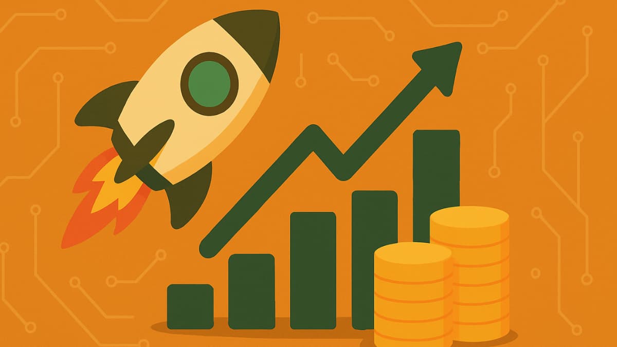 Gráfico de crescimento com foguete e moedas representa o avanço do Corporate Venture Capital no Brasil