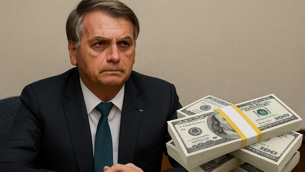 Financiamento de Eduardo Bolsonaro nos EUA representado por Jair Bolsonaro diante de dólares