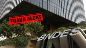 Fraude no BNDES com destaque para a sede do banco e alerta visual de investigação.