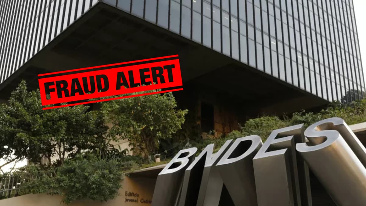 Fraude no BNDES com destaque para a sede do banco e alerta visual de investigação.