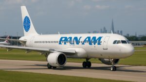 Avião moderno com pintura da Pan Am em pista de aeroporto
