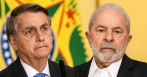 Lula e Bolsonaro lado a lado com expressões sérias diante da bandeira do Brasil, representando o cenário político polarizado destacado na pesquisa Quaest: 66% são contra candidatura de Lula em 2026.