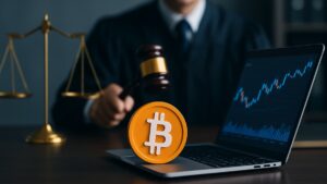 Responsabilidade das plataformas de cripto representada por símbolo de Bitcoin em mesa de julgamento.