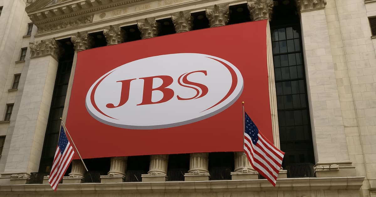 Fachada da NYSE com banner das ações de JBS em Nova York