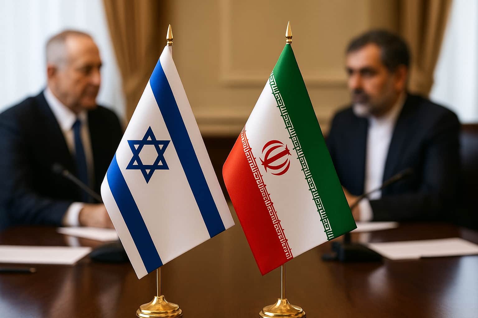 Acordo de cessar-fogo entre Israel e Irã representado por bandeiras sobre mesa diplomática