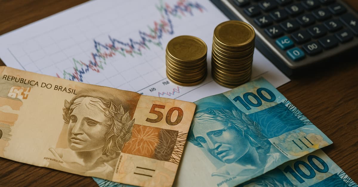 Notas de real, moedas e gráfico ilustrando arrecadação estimada do IOF