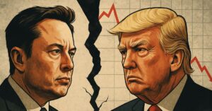 Elon Musk e Donald Trump em lados opostos separados por rachadura e gráfico de queda, simbolizando a briga entre os dois.