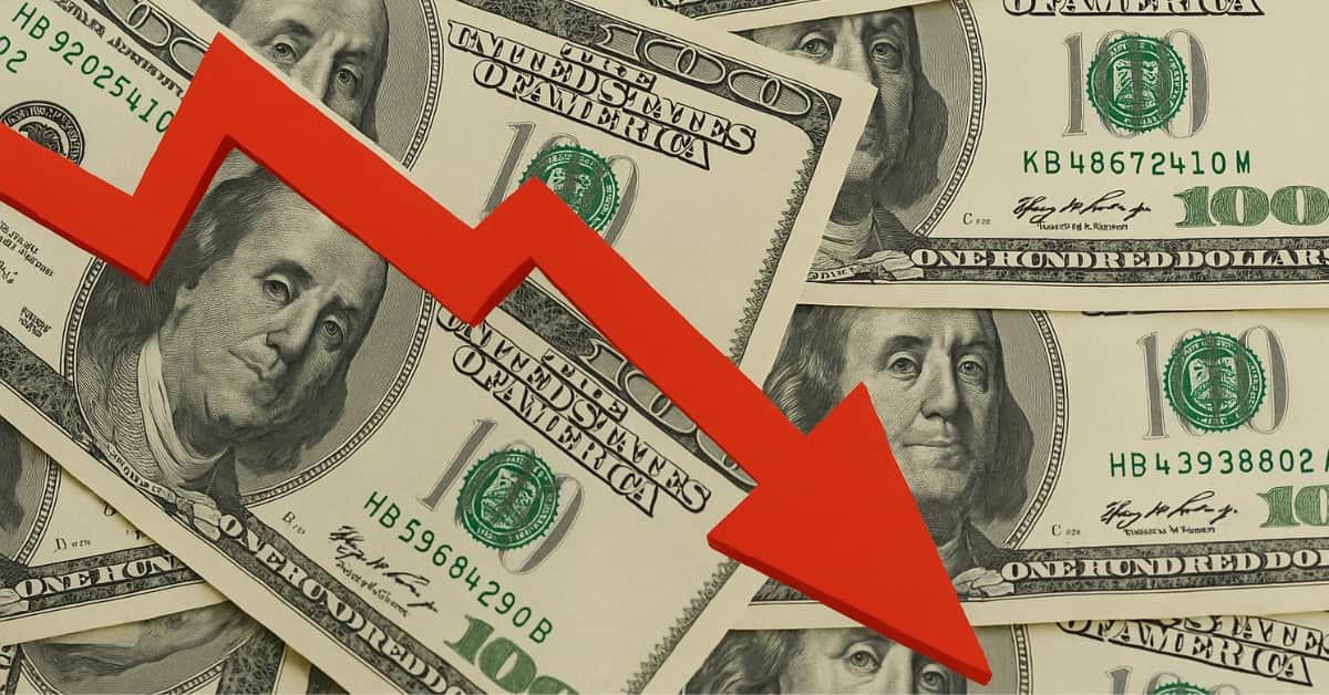 Notas de dólar com seta vermelha apontando para baixo ilustrando queda na cotação do dólar hoje