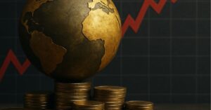 Globo dourado com colunas de moedas e gráficos financeiros ao fundo, representando a dívida pública mundial em crescimento.