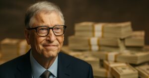 Retrato de Bill Gates diante de maços de dólares representa a doação da fortuna de Bill Gates