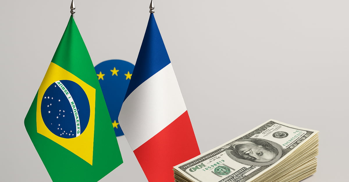 Bandeiras do Brasil e da França lado a lado com pilha de dólares, simbolizando acordo de investimento.