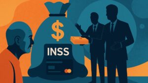 Ilustração conceitual sobre fraudes em consignados do INSS envolvendo políticos e aposentados.