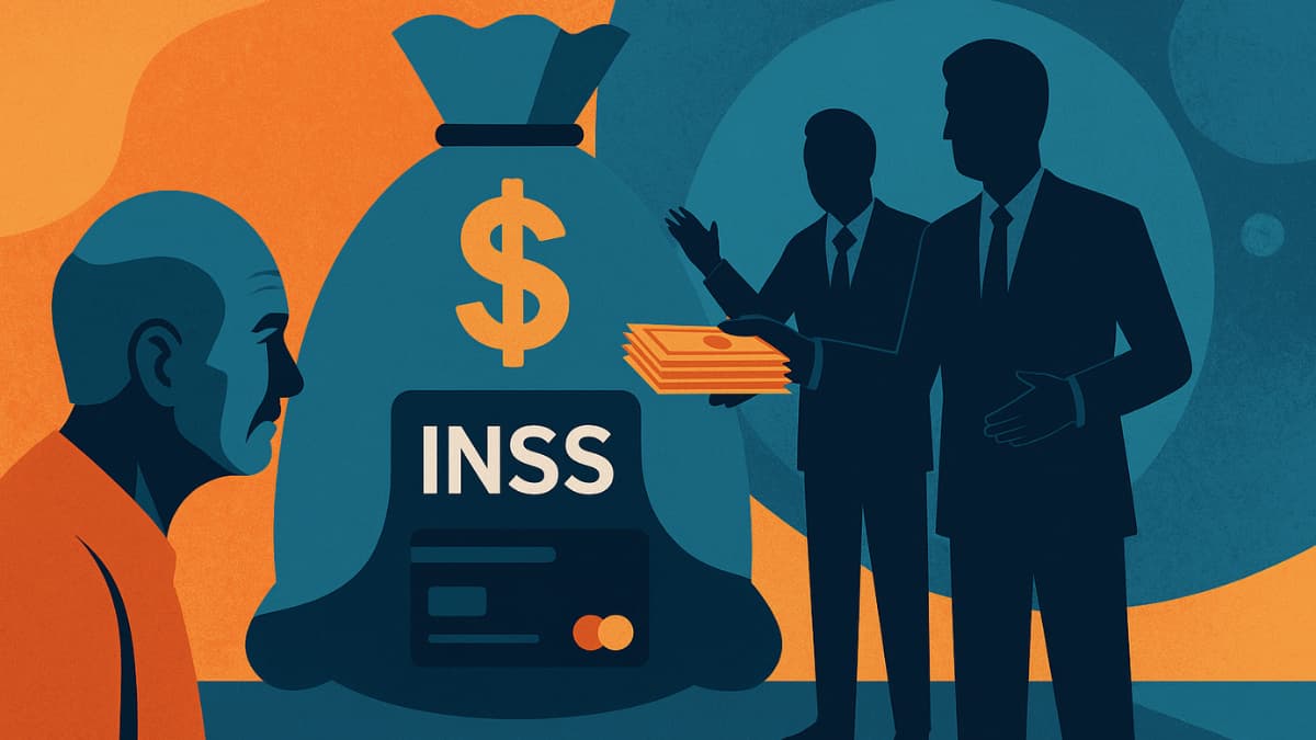 Ilustração conceitual sobre fraudes em consignados do INSS envolvendo políticos e aposentados.