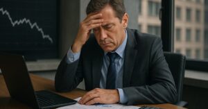 Empresário preocupado diante de gráficos negativos sobre a inadimplência das empresas no Brasil em 2025