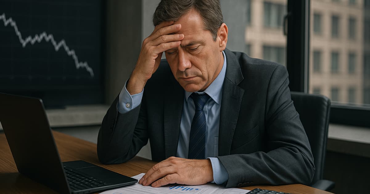 Empresário preocupado diante de gráficos negativos sobre a inadimplência das empresas no Brasil em 2025