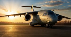 Aeronave KC-390 Millennium da Embraer estacionada na pista durante o pôr do sol