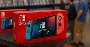 Caixa do Nintendo Switch 2 em prateleira de loja, com destaque visual em meio a consumidores durante o lançamento do console.