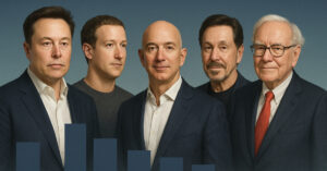 Ranking visual das pessoas mais ricas do mundo em junho de 2025, com retratos de Elon Musk, Mark Zuckerberg, Jeff Bezos, Larry Ellison e Warren Buffett em colunas proporcionais ao patrimônio.