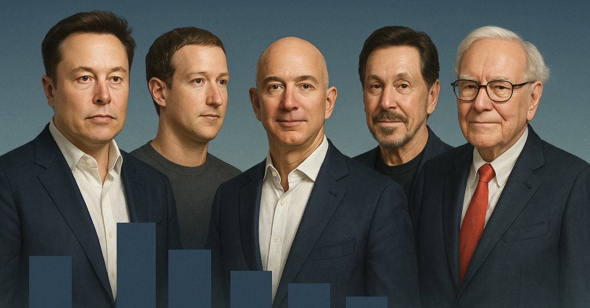 Ranking visual das pessoas mais ricas do mundo em junho de 2025, com retratos de Elon Musk, Mark Zuckerberg, Jeff Bezos, Larry Ellison e Warren Buffett em colunas proporcionais ao patrimônio.