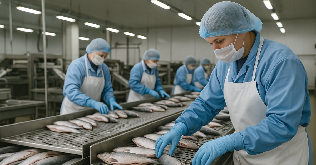 Funcionários trabalham em fábrica de processamento, refletindo impacto nos preços de peixes nos EUA