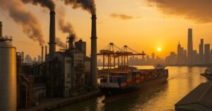 Porto industrial na China durante o pôr do sol, refletindo a produção industrial do país.