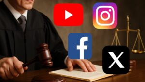Logos do YouTube, Instagram, Facebook e X sobre uma cena de julgamento, simbolizando a responsabilidade das redes sociais por conteúdos ilegais.