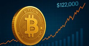 Bitcoin atinge US$ 122 mil com gráfico de alta em fundo digital.
