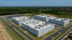 Ilustração de um data center de grande porte, semelhante ao projeto da Casa dos Ventos em Caucaia.
