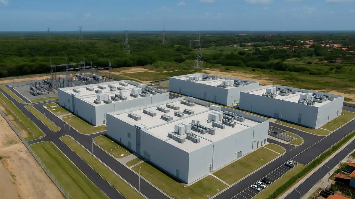 Ilustração de um data center de grande porte, semelhante ao projeto da Casa dos Ventos em Caucaia.