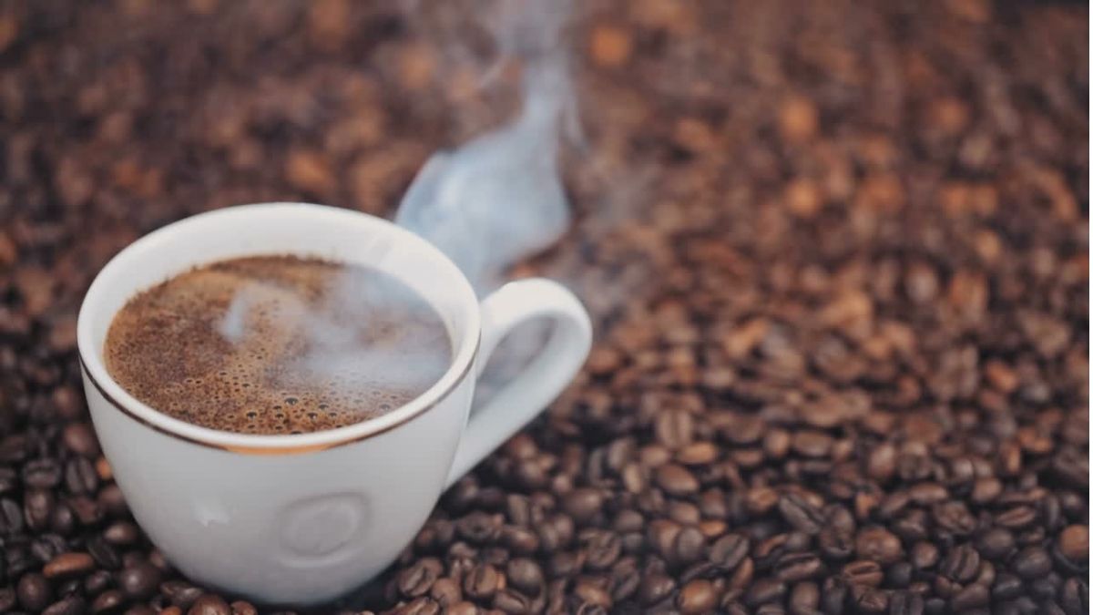 Xícara de café fumegante sobre grãos torrados – símbolo da Denominação de Origem para café do Paraná.