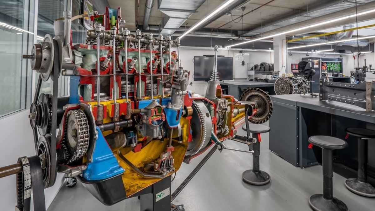 Motor automotivo em laboratório técnico relacionado às exportações brasileiras de autopeças.