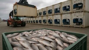 Contêineres refrigerados com peixes prontos para embarque ilustram as exportações brasileiras de pescado em porto nacional.