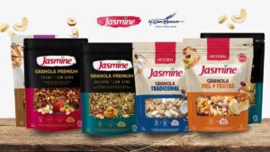 Linha de granolas carbono neutro da Jasmine, marca da M. Dias Branco, com diferentes sabores e embalagens sustentáveis.