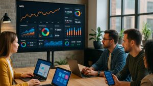 Mercado de mídia digital com profissionais analisando campanhas em tempo real.
