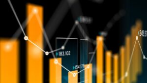 Gráfico com barras e linhas representando o mercado financeiro em alta