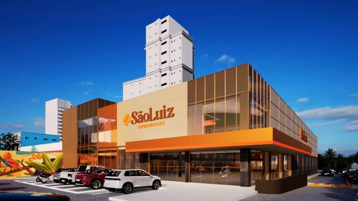 Fachada moderna do São Luiz Supermercado com nova identidade visual.