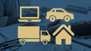 Ícones de bens financiados no Sistema de Consórcios 2024, como imóveis, veículos, caminhões e eletrônicos.