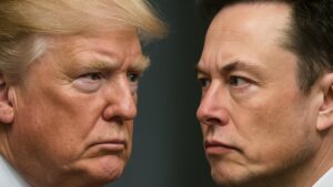 Imagem ilustrativa de Trump ameaçando deportar Elon Musk, com os dois se encarando frente a frente.