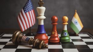 Trump perde força com Rússia representado por peças de xadrez geopolíticas.