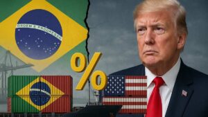 Trump taxa produtos brasileiros em 50% com tensão diplomática ao fundo.