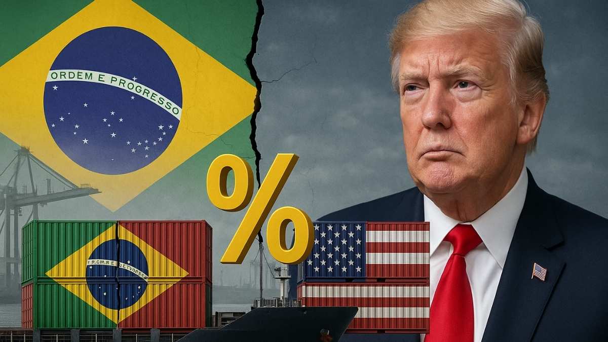 Trump taxa produtos brasileiros em 50% com tensão diplomática ao fundo.