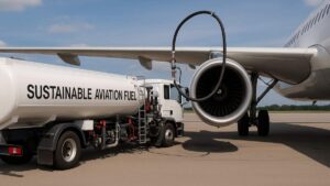 Caminhão abastecendo avião com combustíveis sustentáveis de aviação.