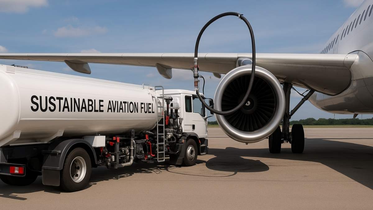 Caminhão abastecendo avião com combustíveis sustentáveis de aviação.
