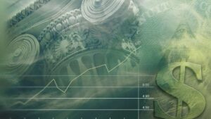 Gráfico em alta com símbolo do dólar e arquitetura clássica representa a confiança do consumidor dos EUA