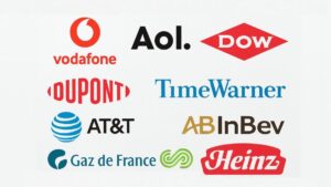 Logotipos de empresas envolvidas nas maiores fusões e aquisições do mundo.