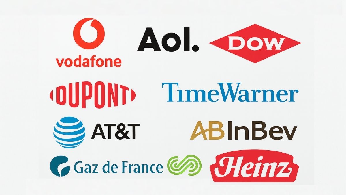 Logotipos de empresas envolvidas nas maiores fusões e aquisições do mundo.