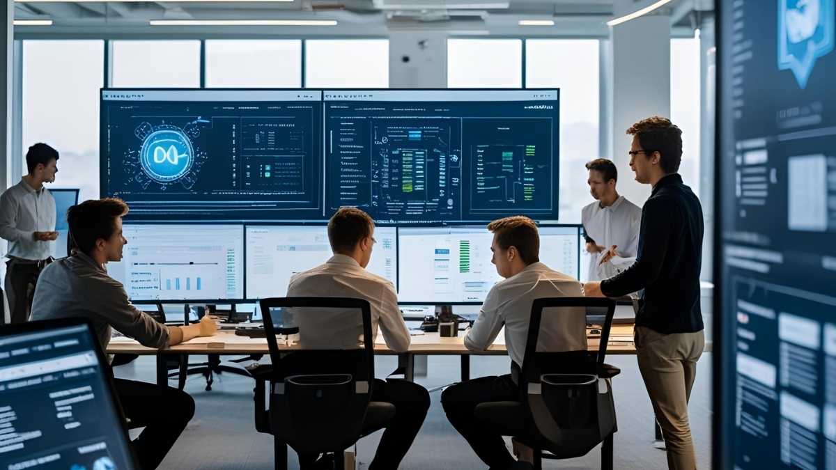 Centro de operações com especialistas trabalhando em projetos de IA em escala